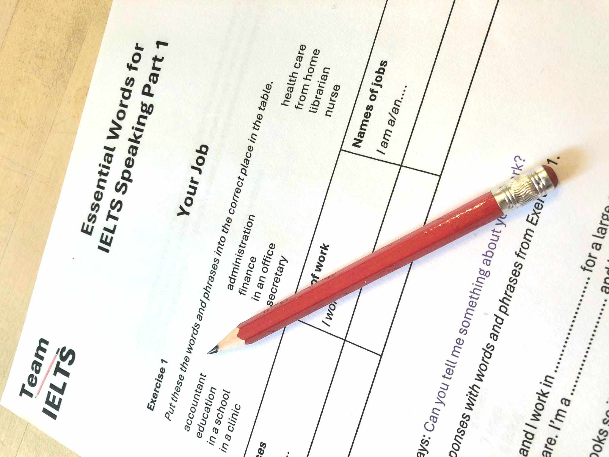 Excel with this free Speaking Part 1 IELTS vocabulary pack with student's red pencil 