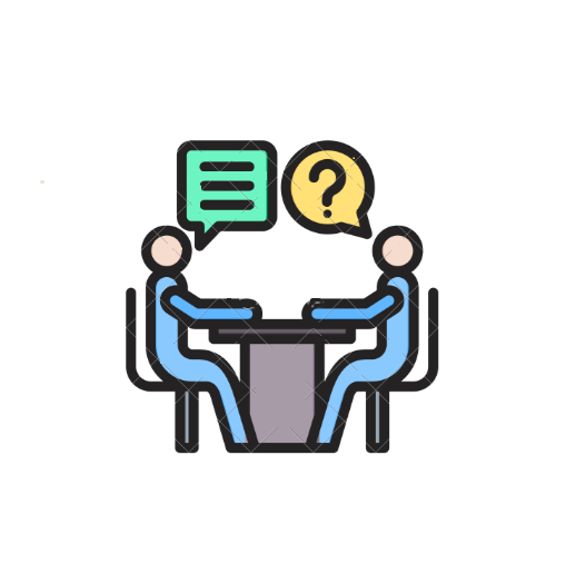 Two talking heads across a desk illustrating IELTS Speaking Test format.