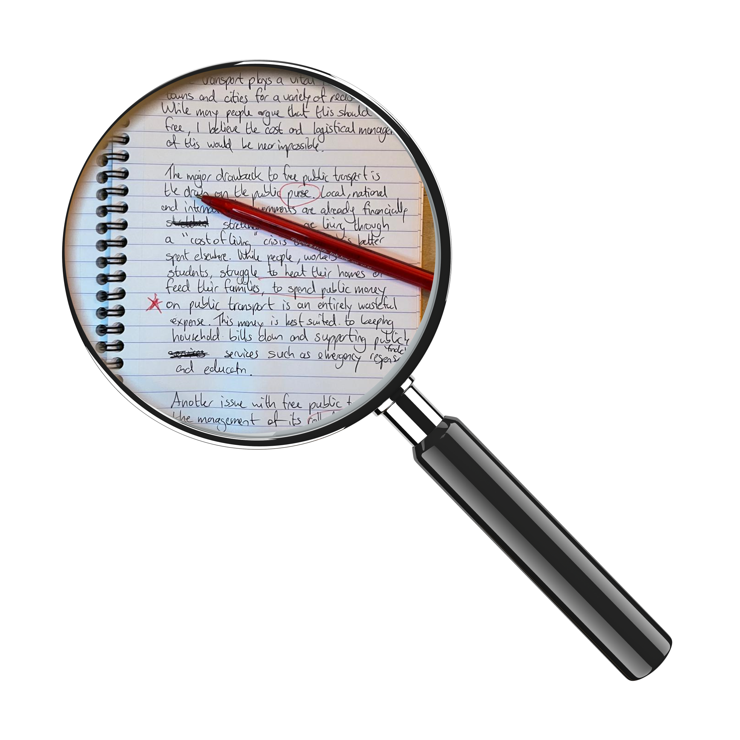 A handwritten IELTS Task 2 high band scoring essay through a magnifying glass with errors noted in red