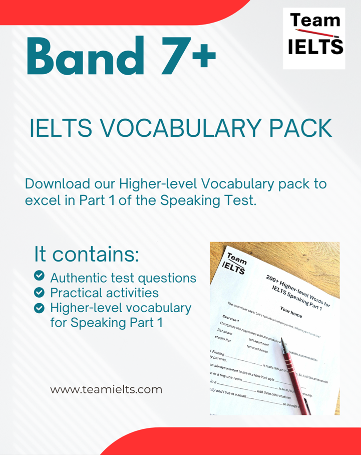 IELTS Speaking Part 1 vocabulary worksheet for band 7+ with a student's pencil
